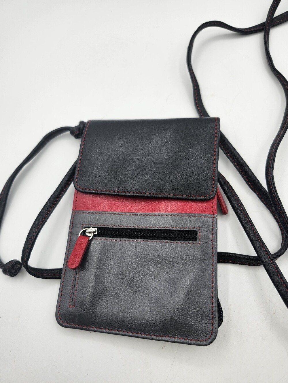 Compact Women's Crossbody Phone Bag - Black, Gray & Red Leather